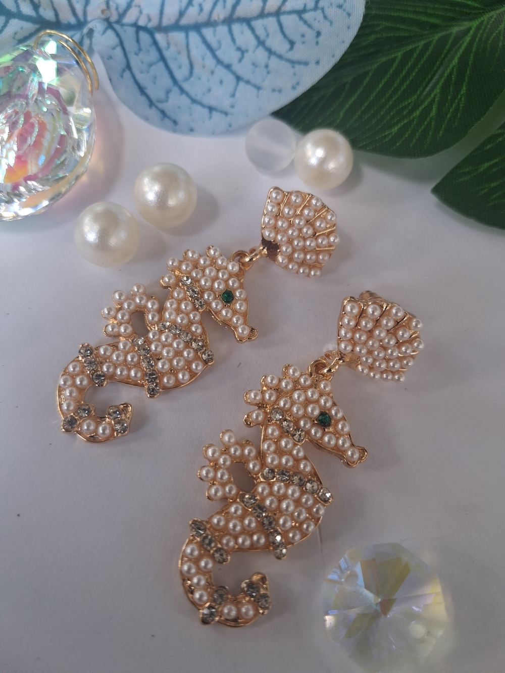 Pearl-Embellished Gold Seahorse Drop Earrings by